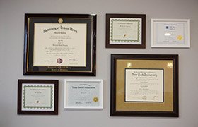 Certifications on wall